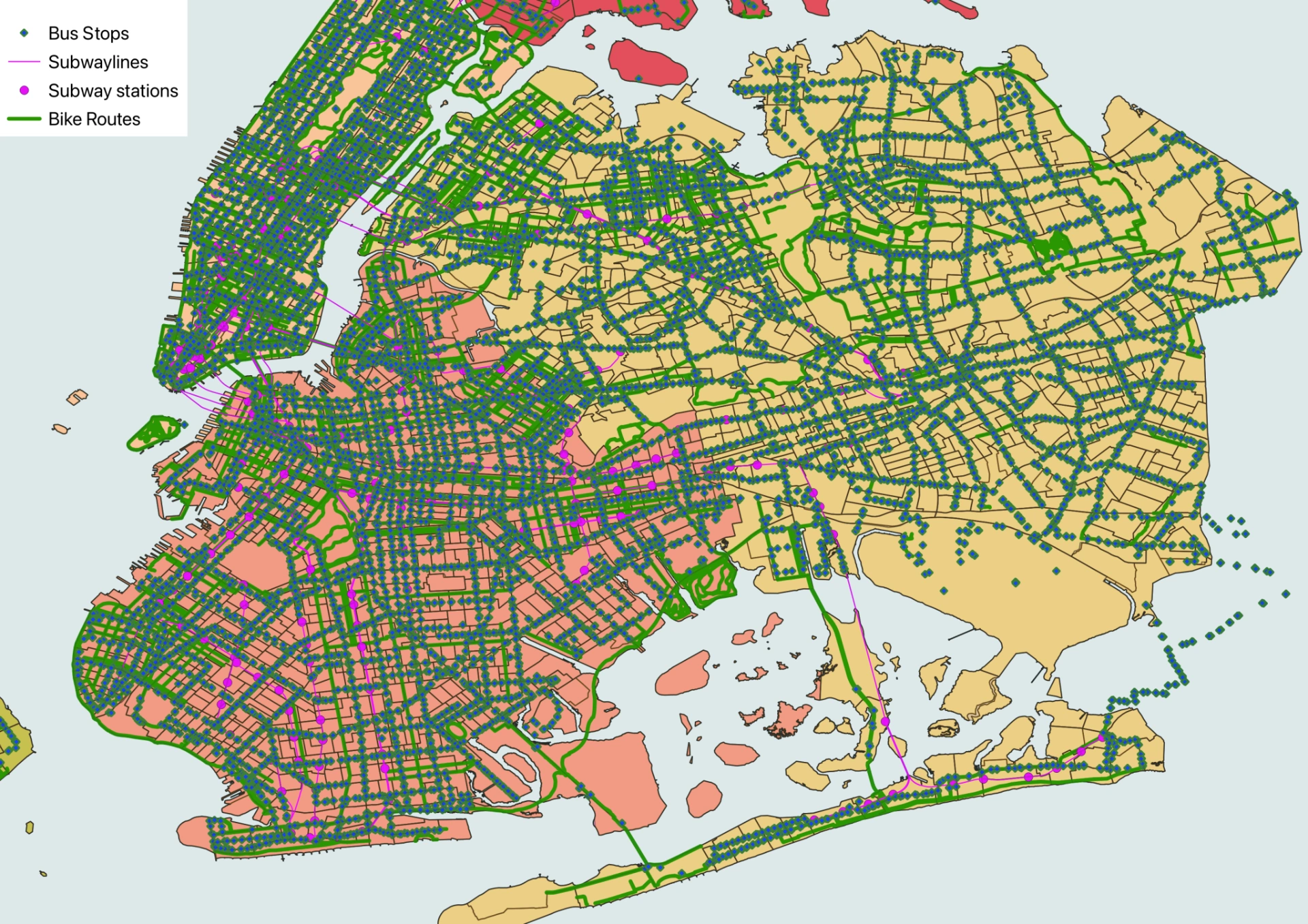 QGIS transit map of NYC with bus stops, subway lines and bike routes
