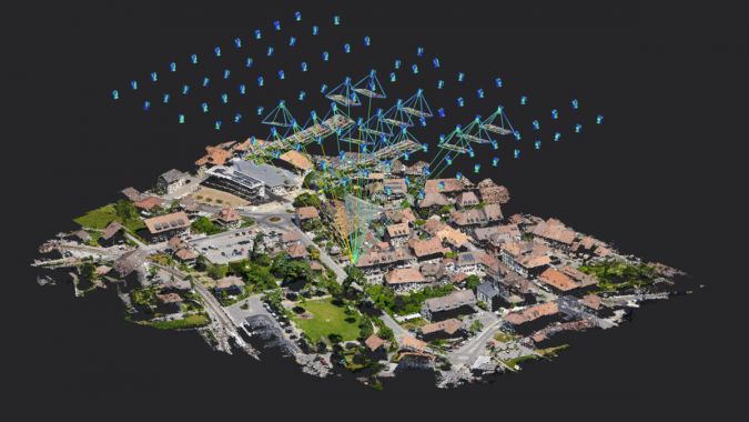 Photogrammetry 3D reconstruction of a village with drone camera positions