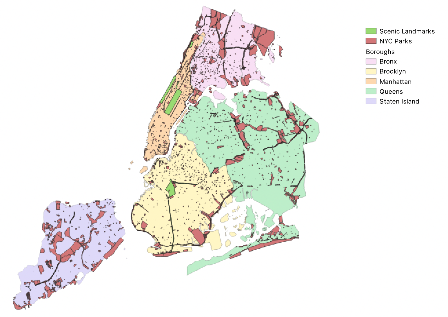 QGIS choropleth map of NYC boroughs with parks and scenic landmarks overlay