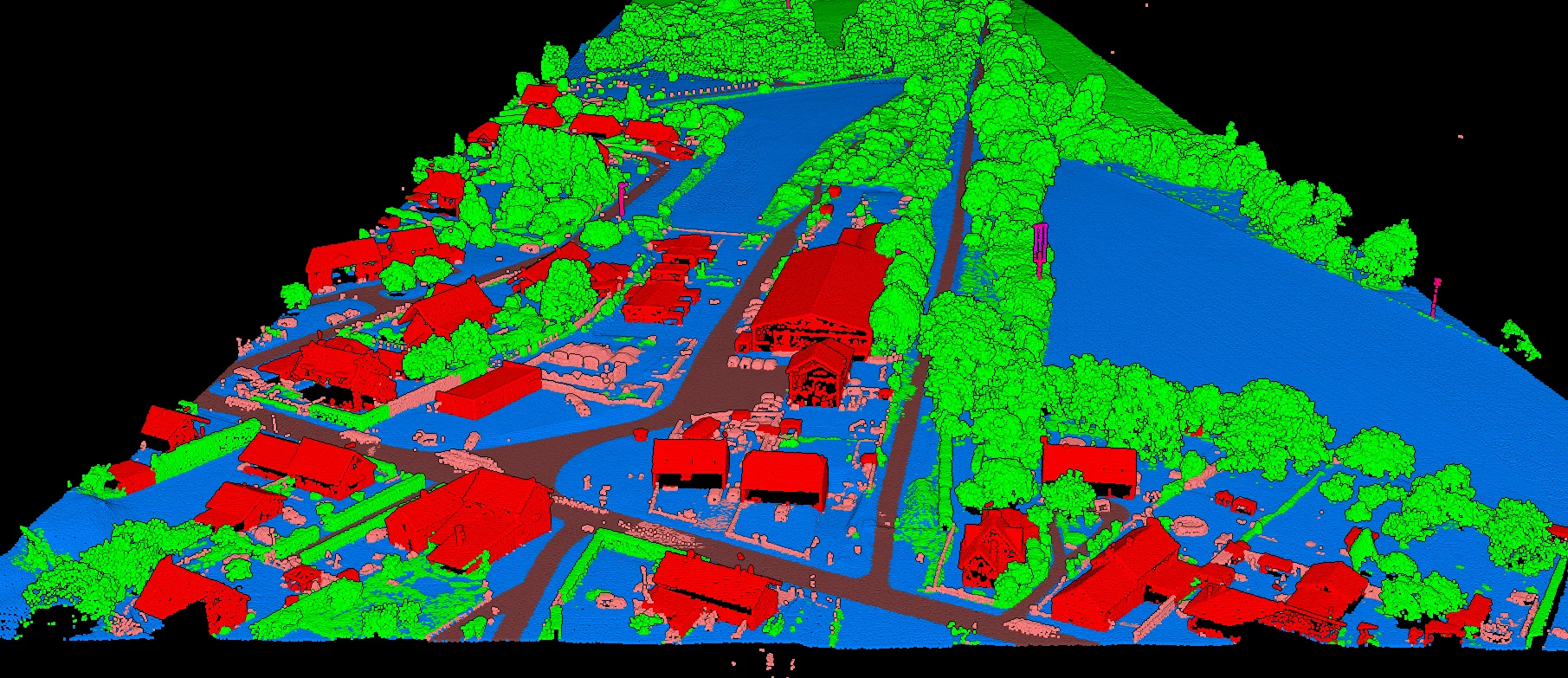 Classified LiDAR point cloud of urban area with buildings, vegetation and ground